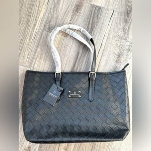 London Fog Kylar Woven Black Leather Tote Bag